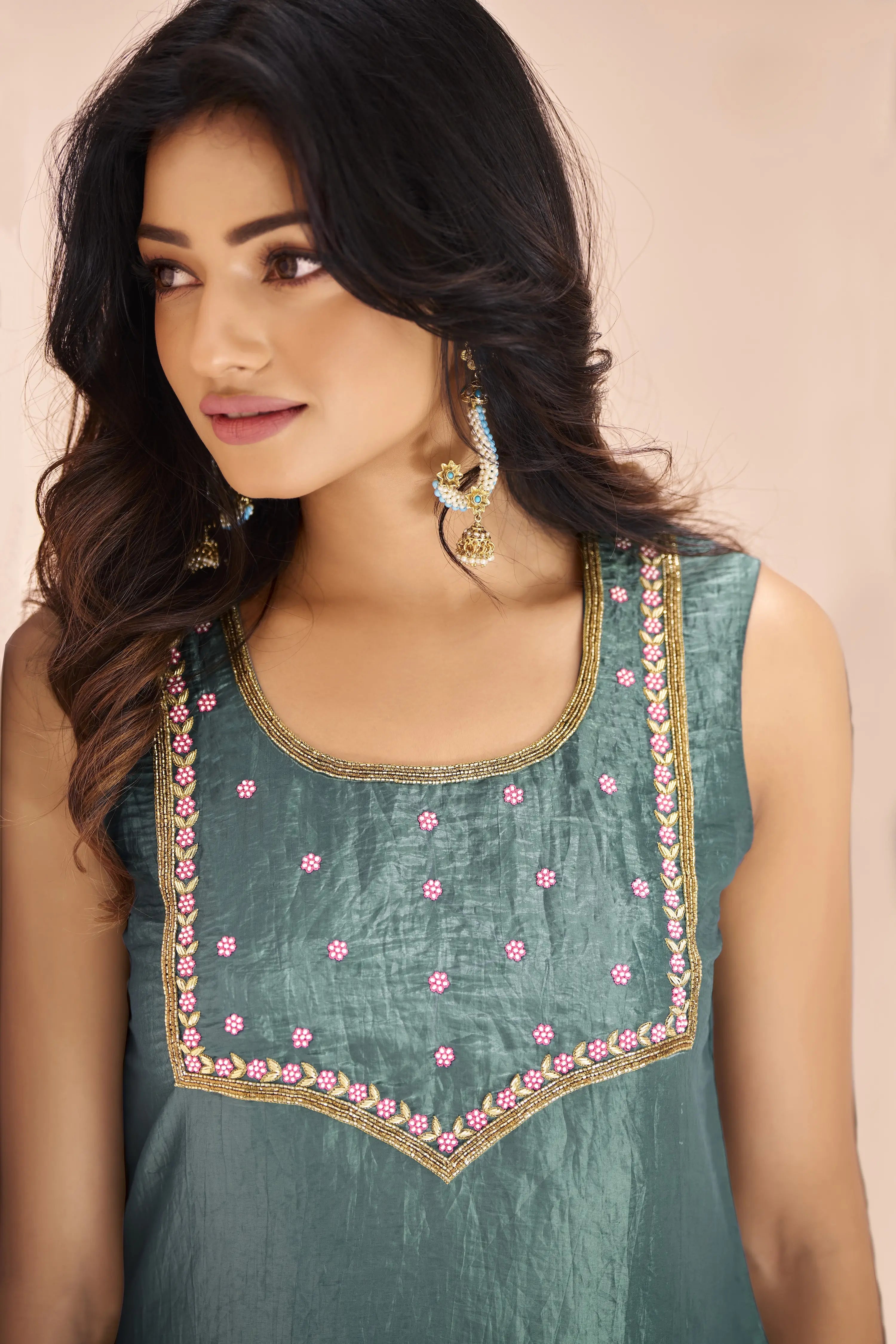 Aqua Green Organza Salwar Suit With Handwork - qivii