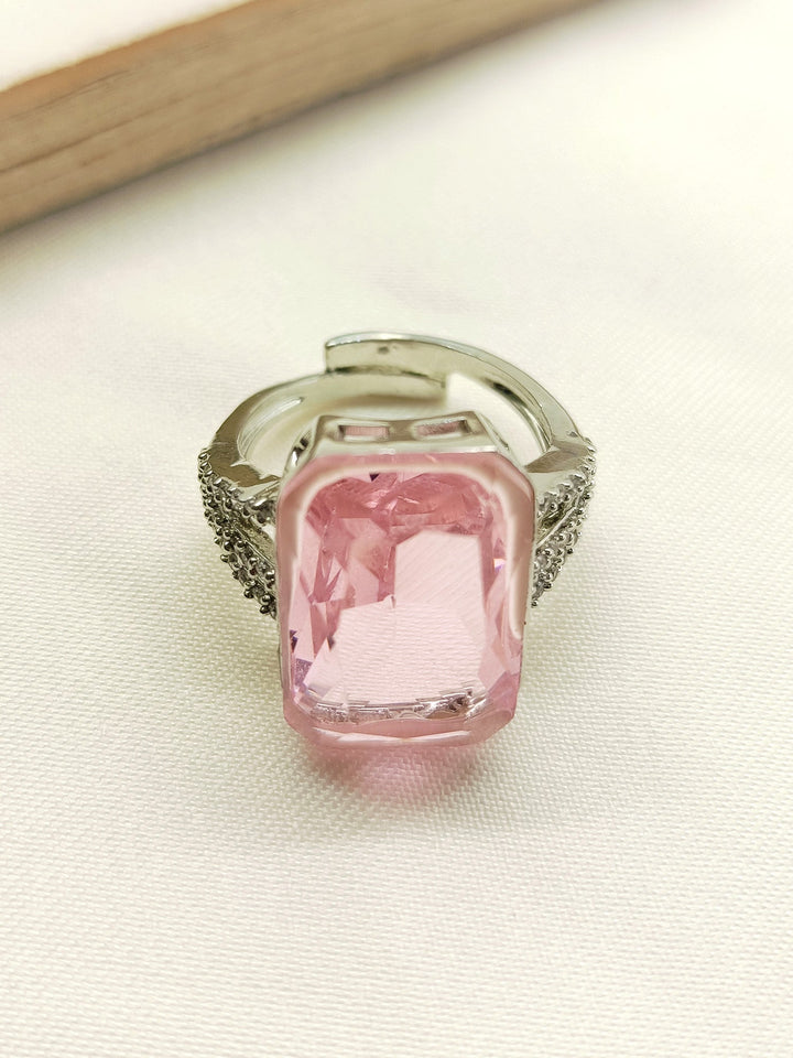  Beautiful pink American Diamond ring with intricate details and silver band 