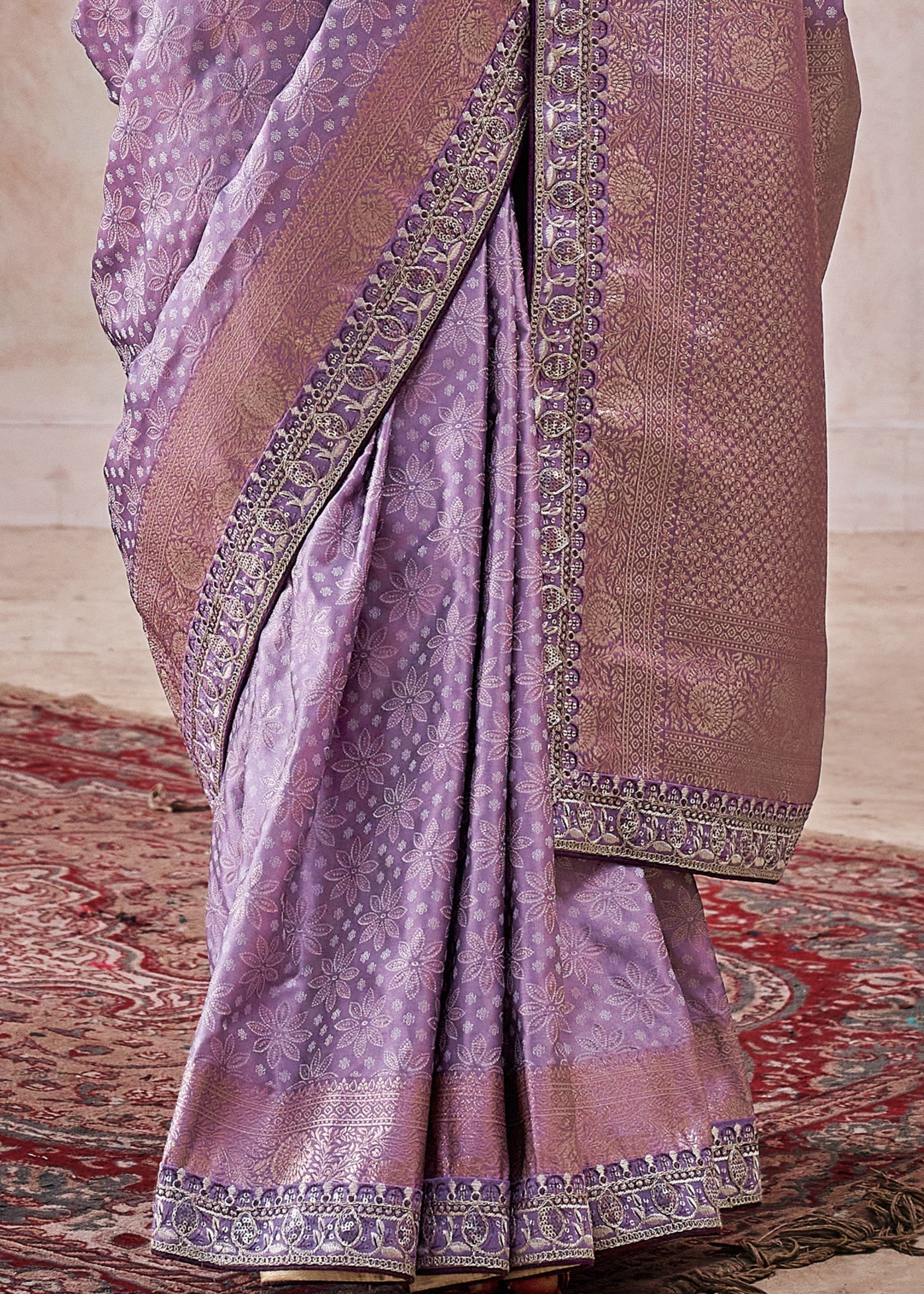 Dark Purple Satin Silk Saree With Heavy Embroidery Lace & Blouse - qivii