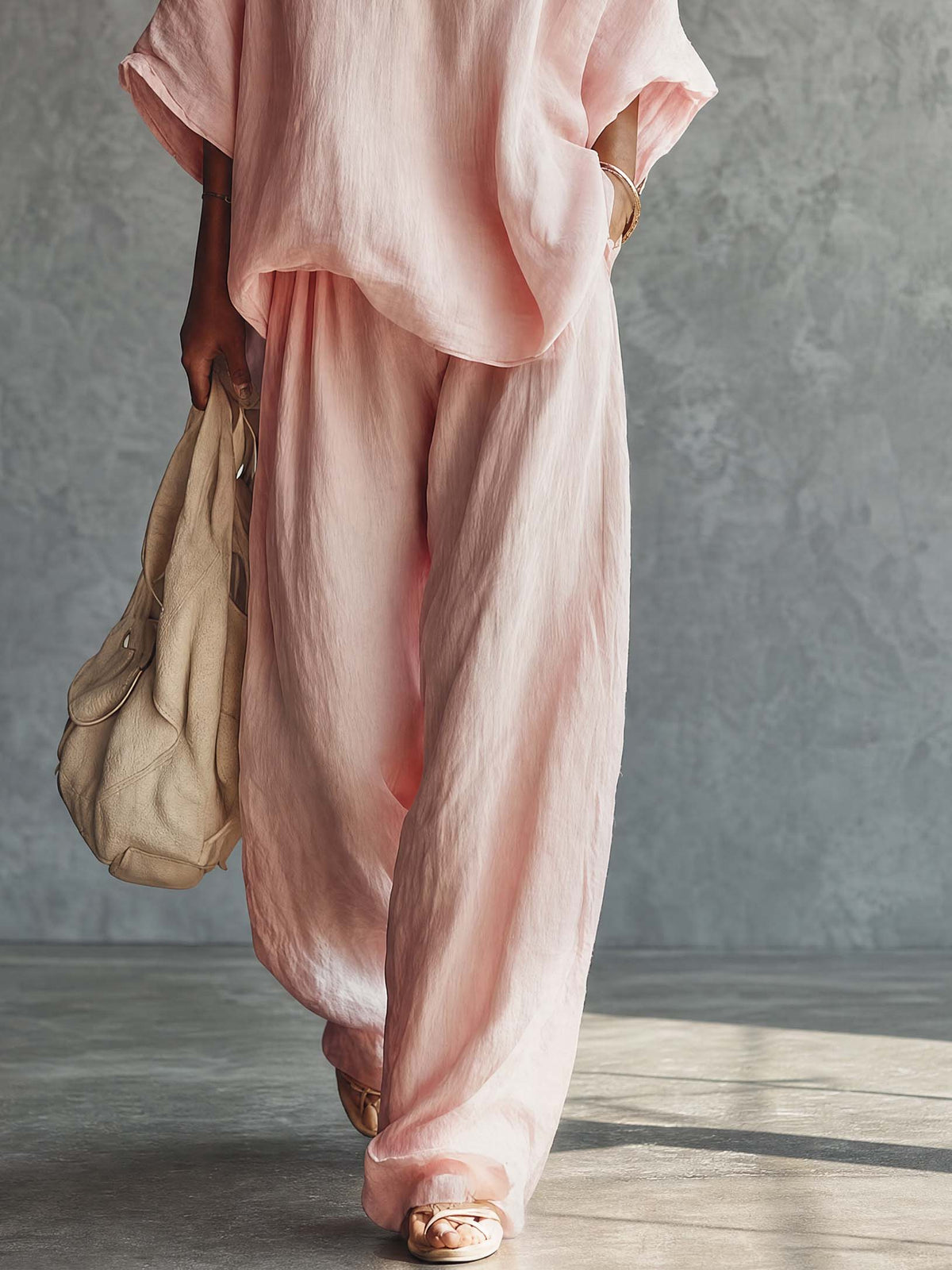 Casual Urban Bohemian Style V-neck Pink Cotton Blouse And Pants Set  - By Qivii