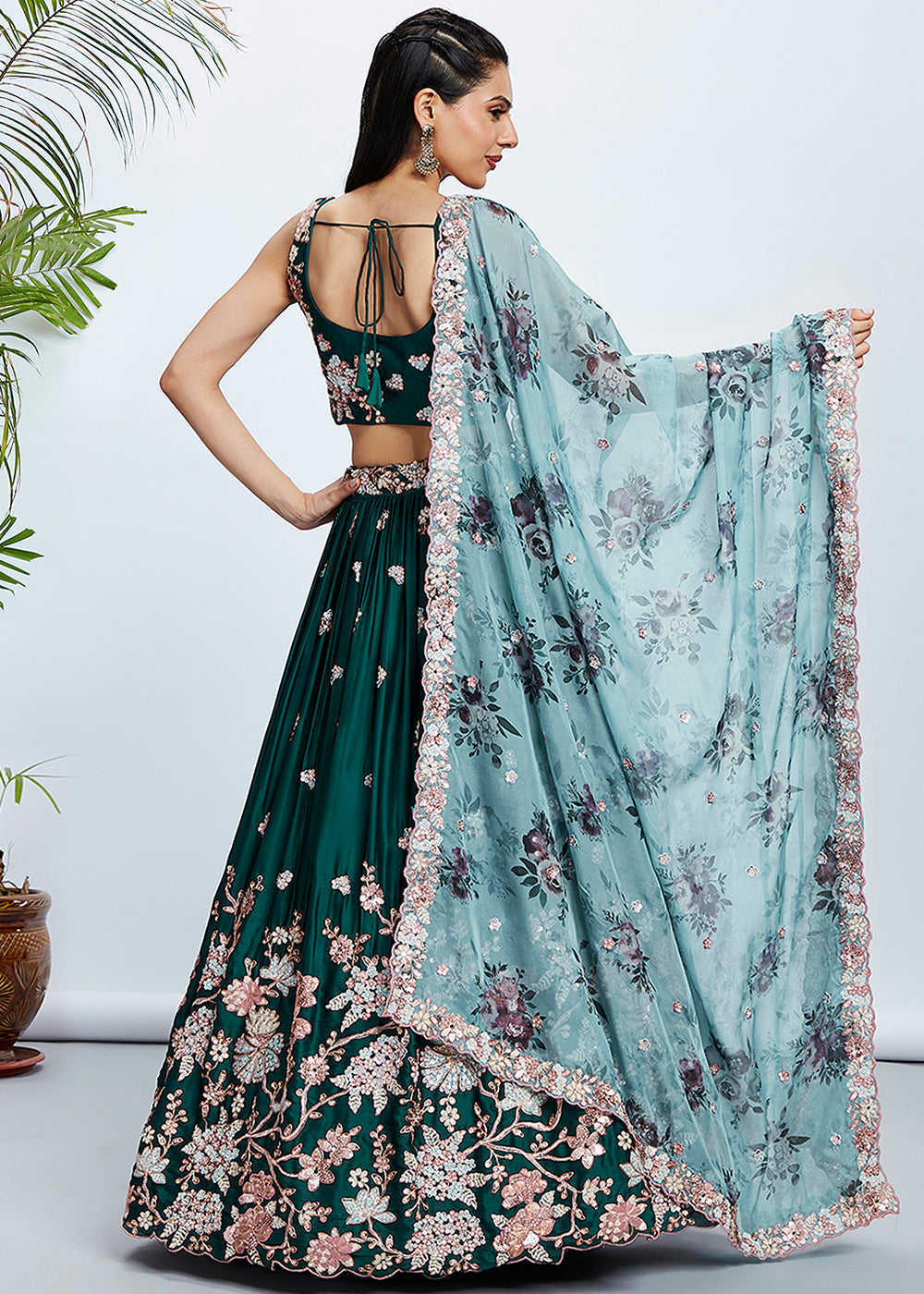 Dark Green Georgette Lehenga Choli with Sequins & Thread Embroidery work | Ready To Wear - qivii