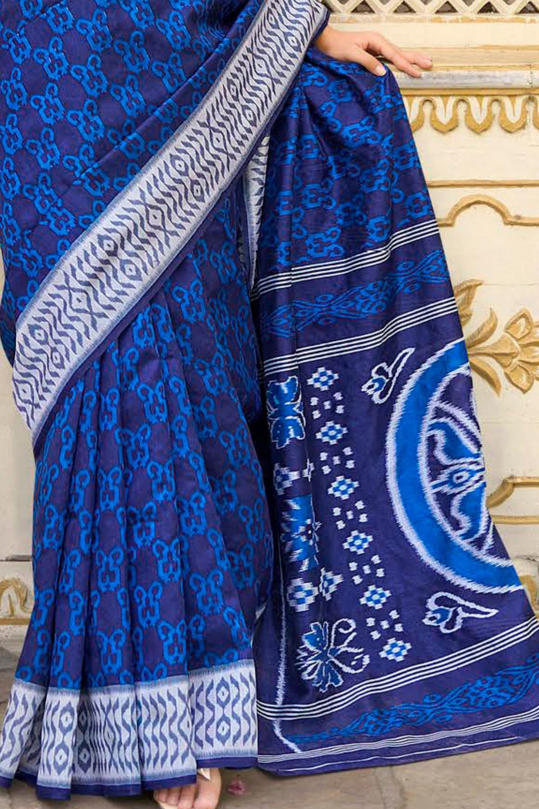 Biscay Blue Handblock Printed Saree