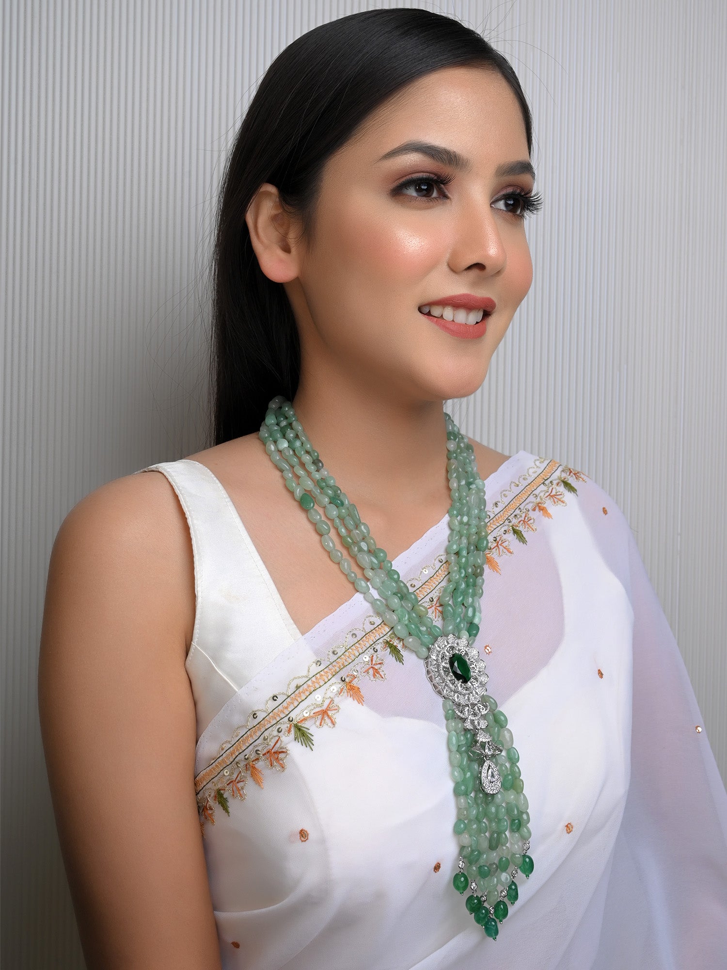 Ramya Emerald American Diamond & Beads Neckpiece - qivii