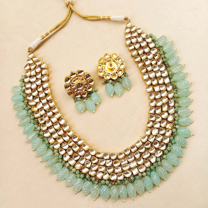 Naaz Golden Coloured Pachi Kundan Long Necklace Set With Mint Green Drops