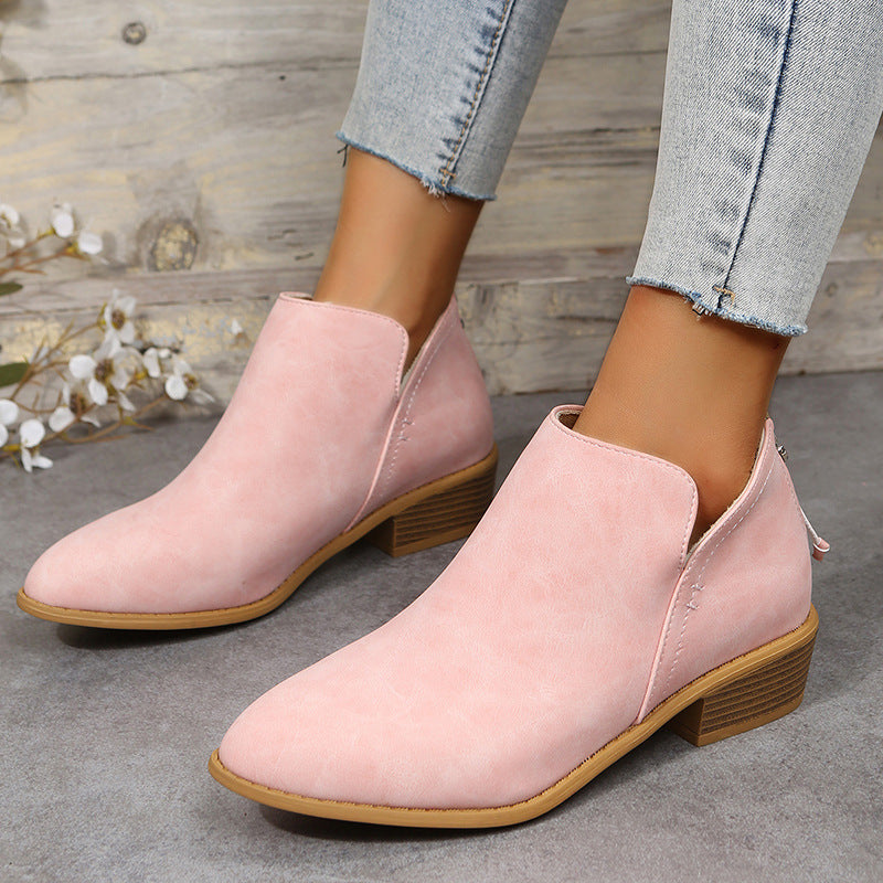Plus Size Women's British-Inspired Solid-Color Pointed Toe Casual Fashion Boots with Rear Zipper & Low Chunky Hee