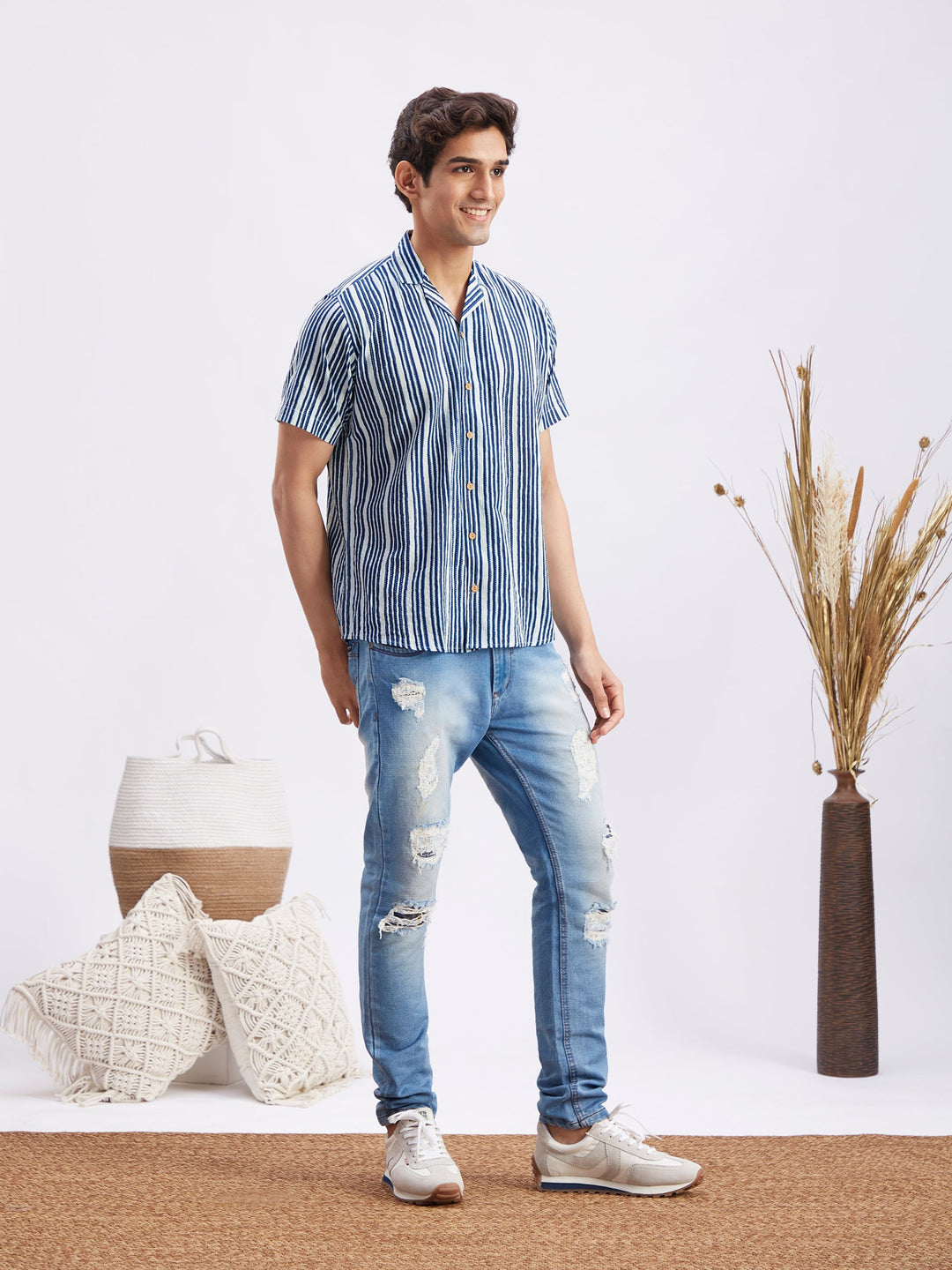 Vastramay Men's Blue Striped Shirt