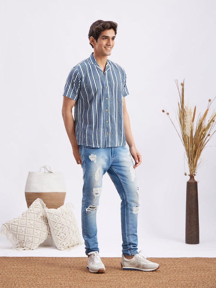 Classic and stylish men's blue shirt with fine stripes