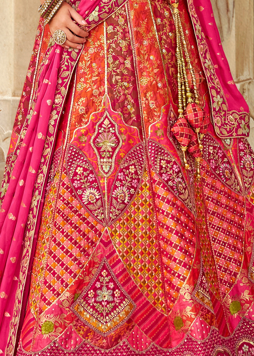 Rani Pink & Orange Banarasi Silk Lehenga Choli with Zarkan, Sequence and Thread Work