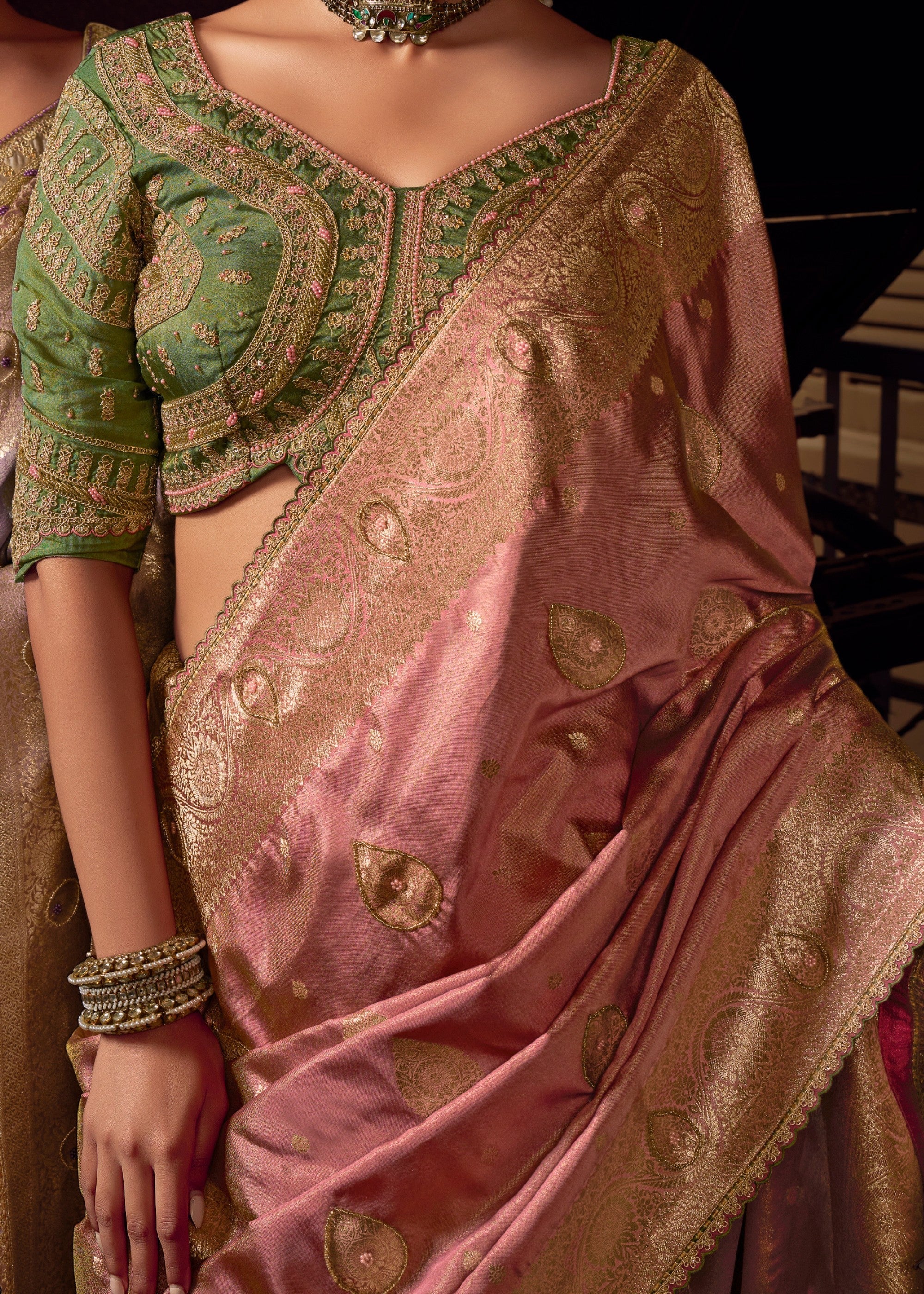 Shades of Pink Viscose Tissue Silk Saree with Handworked Pallu And Contrast Designer Blouse - qivii