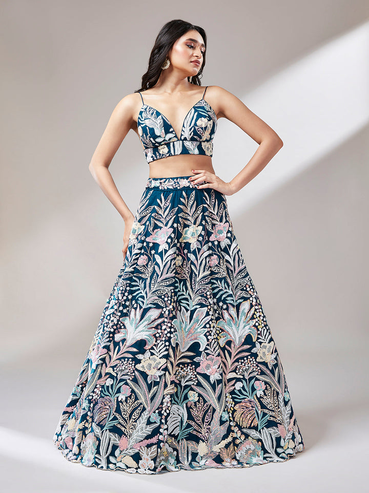 Net Multi-Sequins Work Stitched Lehenga