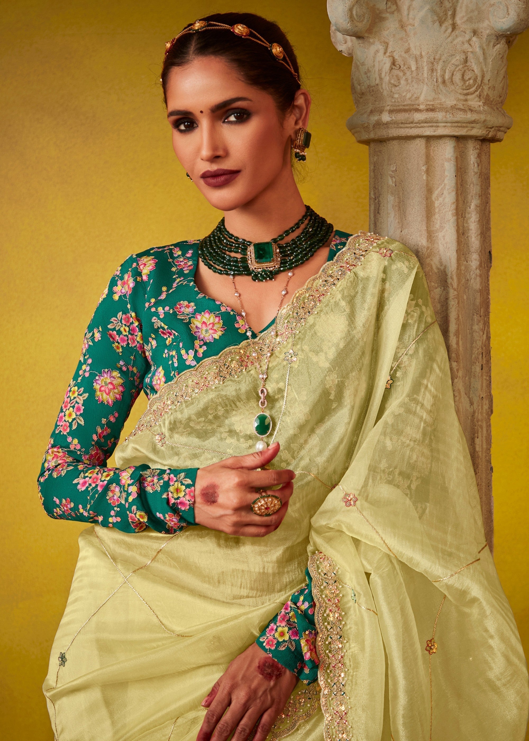 Lemon Yellow Glass Tissue Silk Saree With Sequins And Thread Embroidered Work - qivii