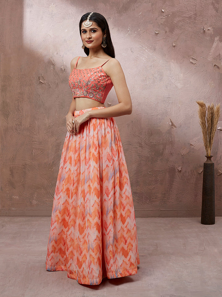 Peach Organza Floral Printed Stitched Lehenga choli