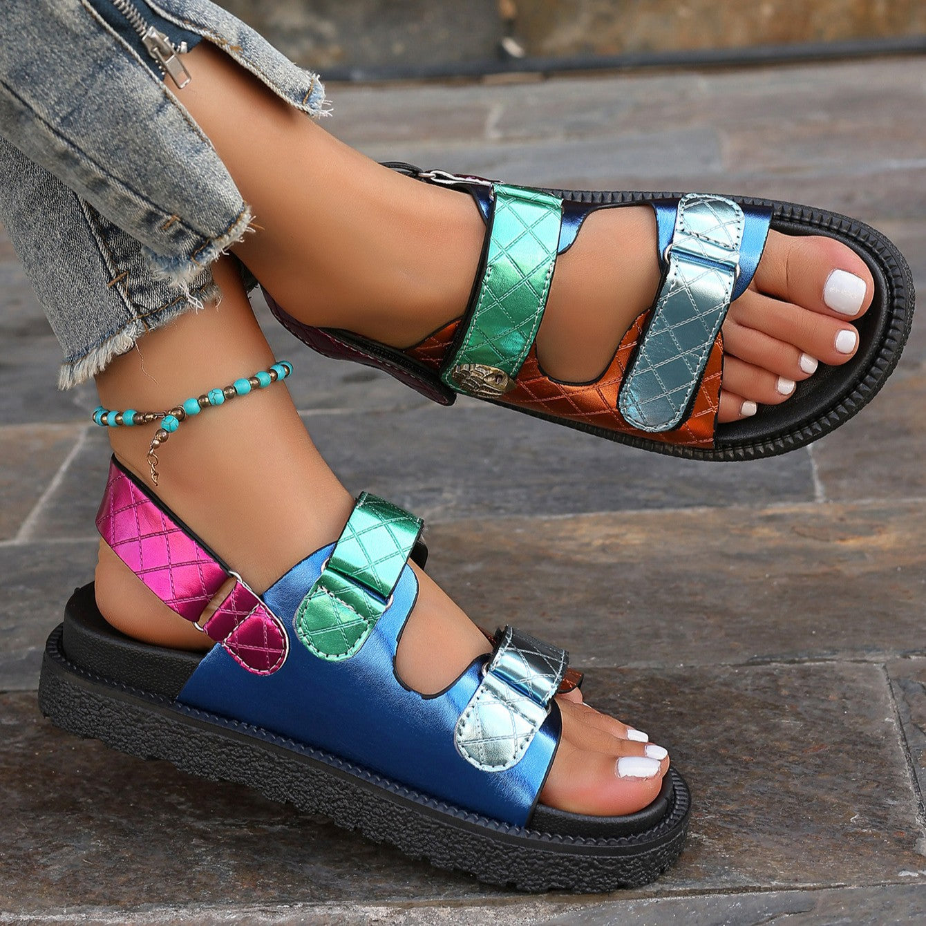 Women's Eagle-Glow Plus Size Beach Sandals - Bold Platform & Diamond Velcro Strap | Color Burst Design