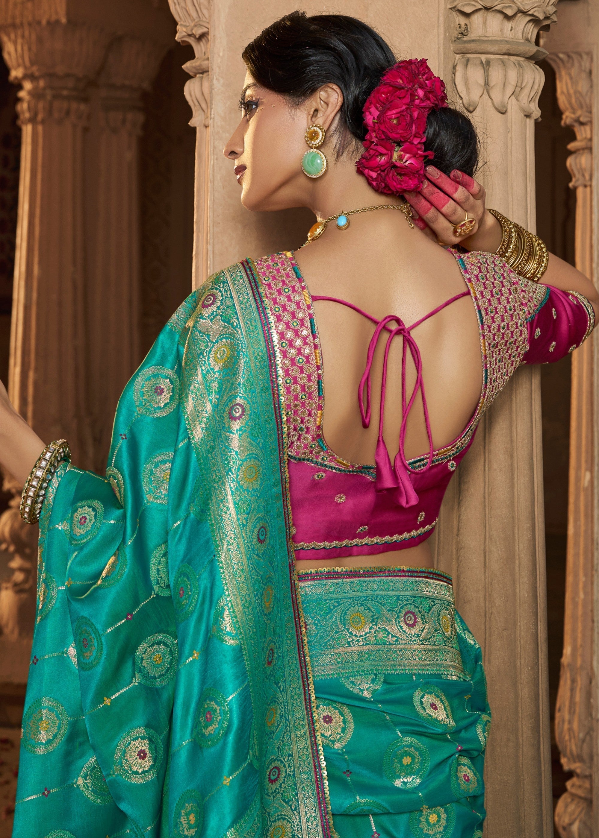 Persian Green Satin Silk Saree With Beautiful Lace Border And Heavy Designer Embroidered Blouse - qivii