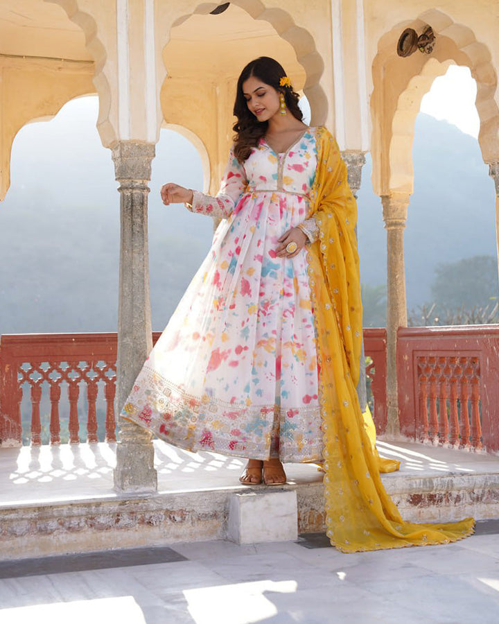 Wedding Wear Floral Embroidered White Color Gown With Dupatta  - By Qivii