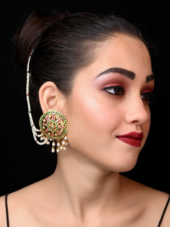 Triguni Multi Colour Jadau Earrings With Side Chain