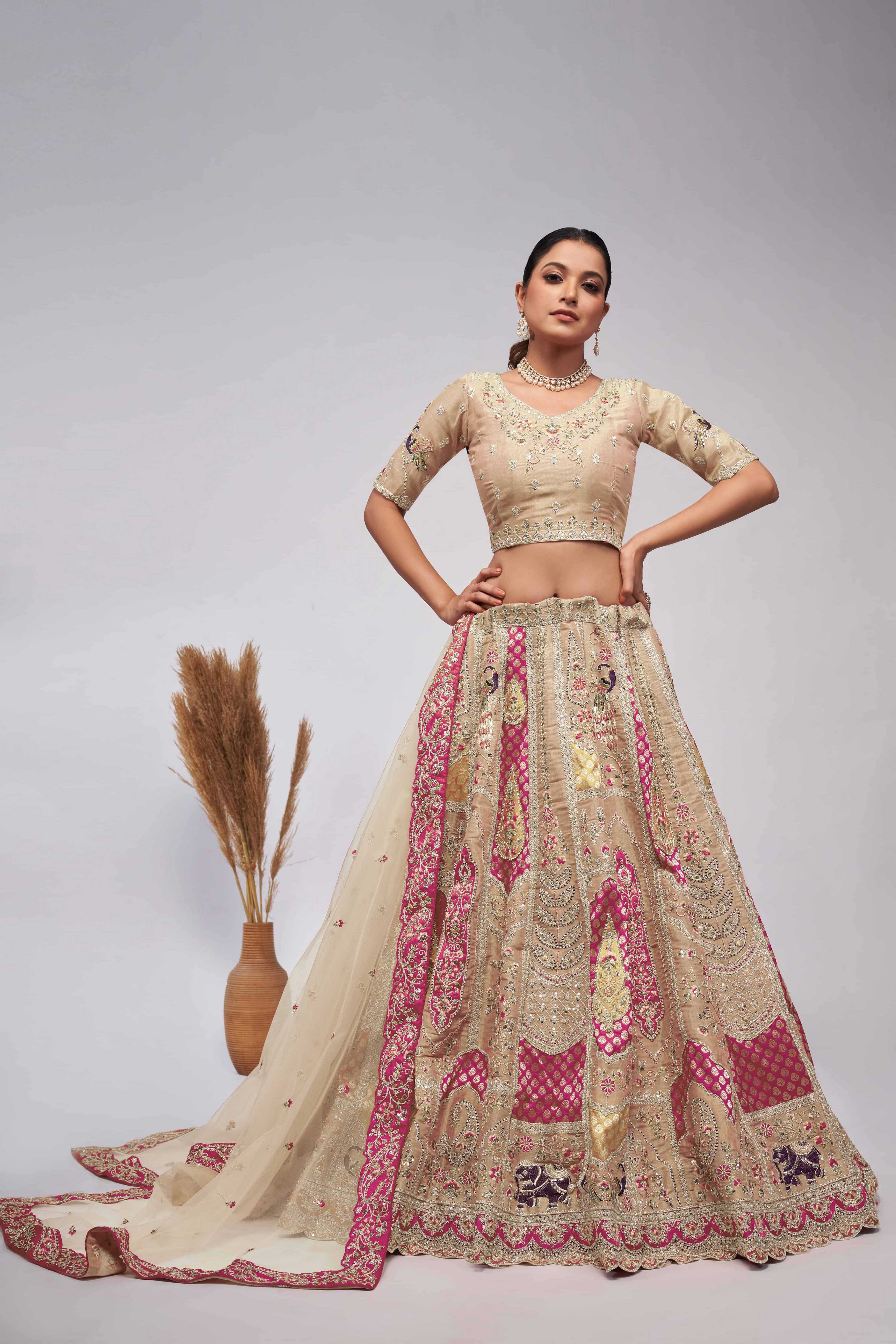 Pretty Pink paisley Motifs traditional embroidered wedding Lehenga - qivii