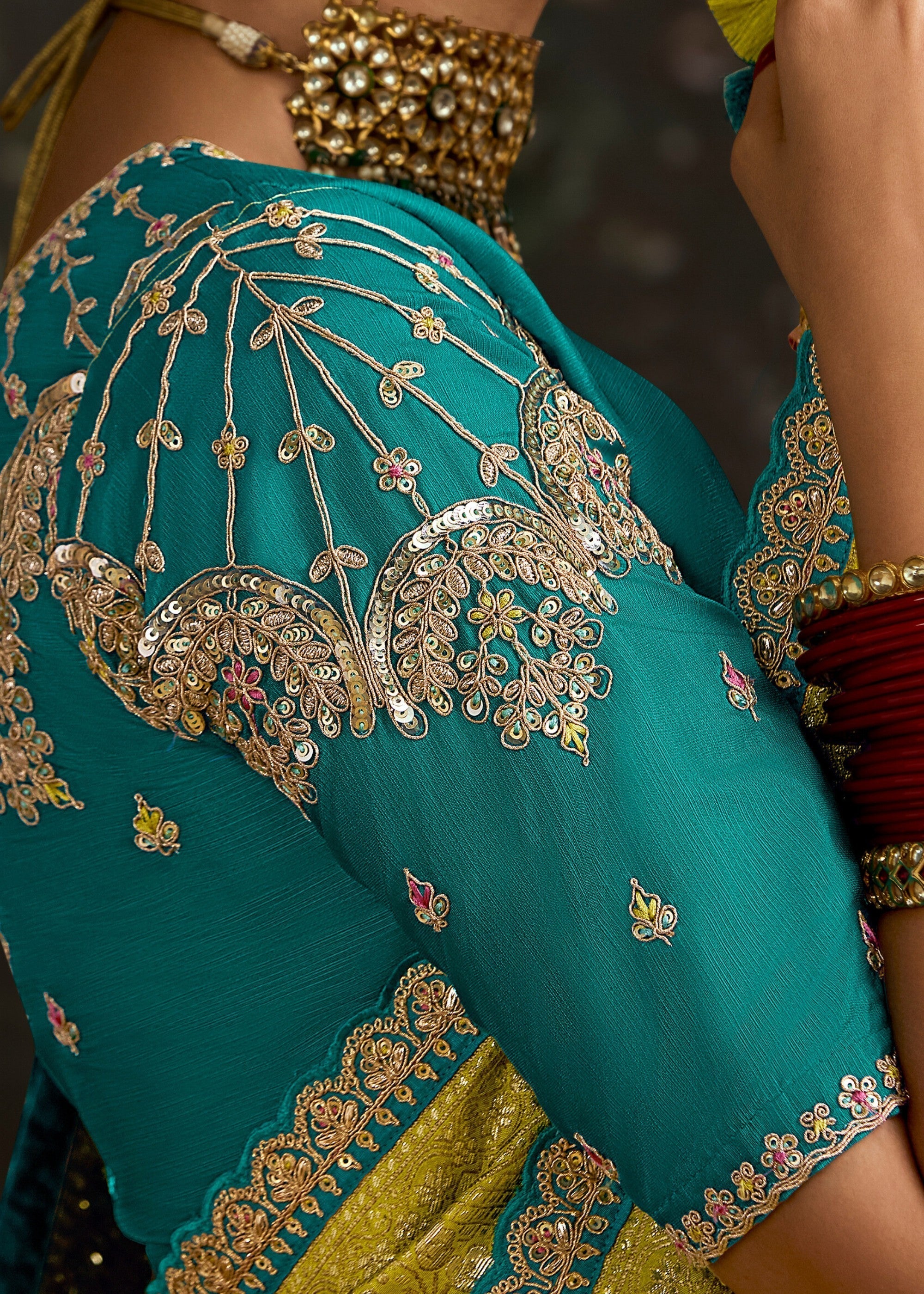 Lime-Yellow and Turquoise Viscose silk Saree with Zari work - qivii