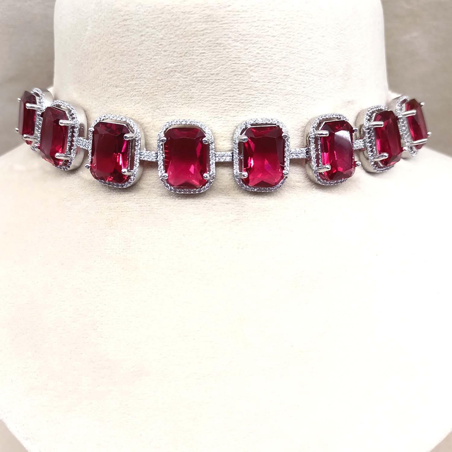 Saaleha Ruby Diamond Stone Silver Plated Choker Set - qivii