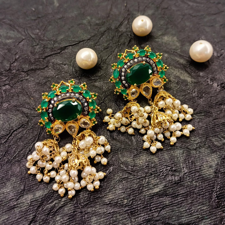 Poonam Green Emerald Stoned American Diamond Jhumki