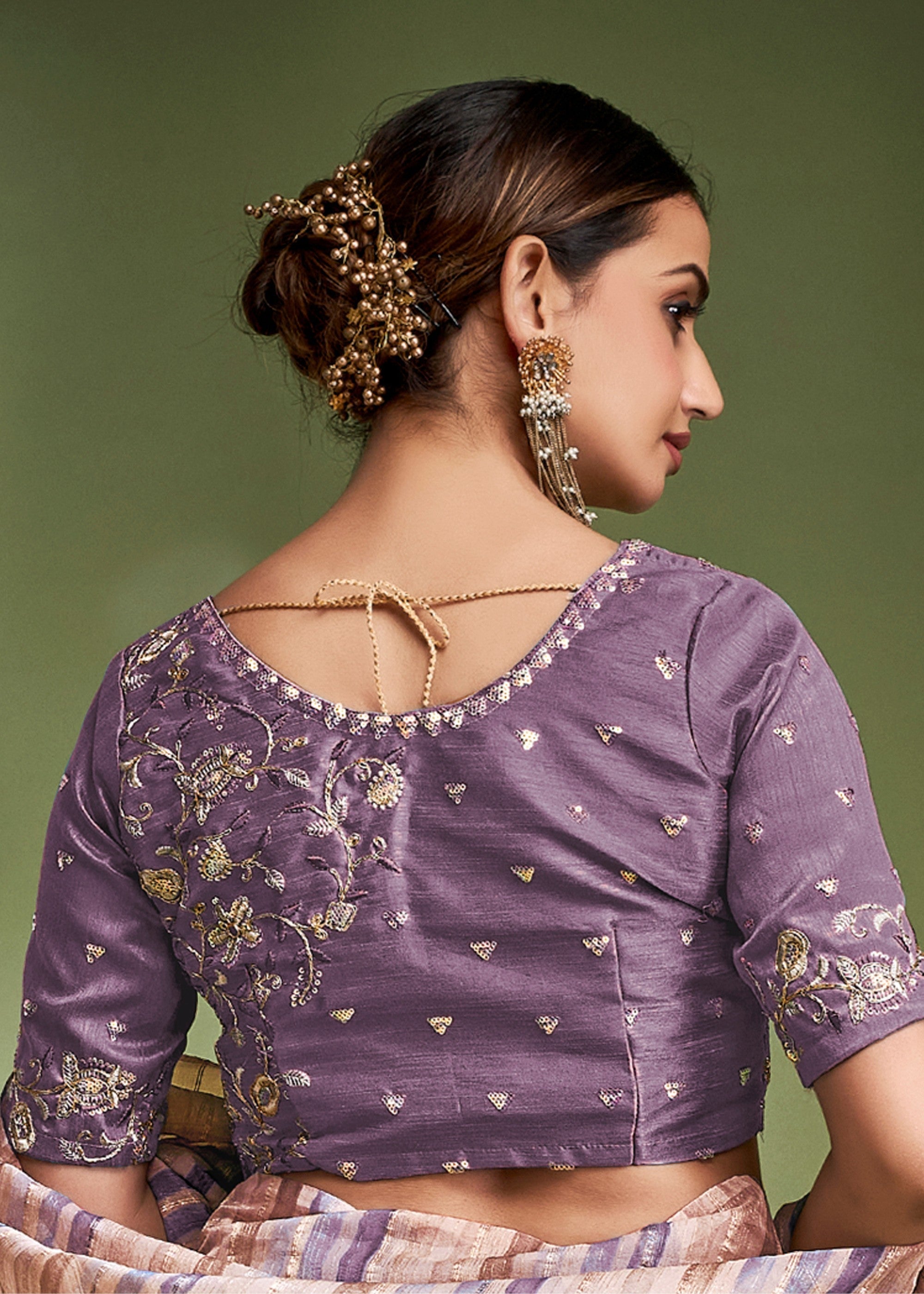 Periwinkle Purple Tissue Based Fancy Silk Saree With Designer Blouse - qivii