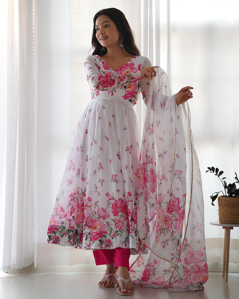 New Design White Organza Silk Floral Print Three Piece Anarkali Suit  - By Qivii