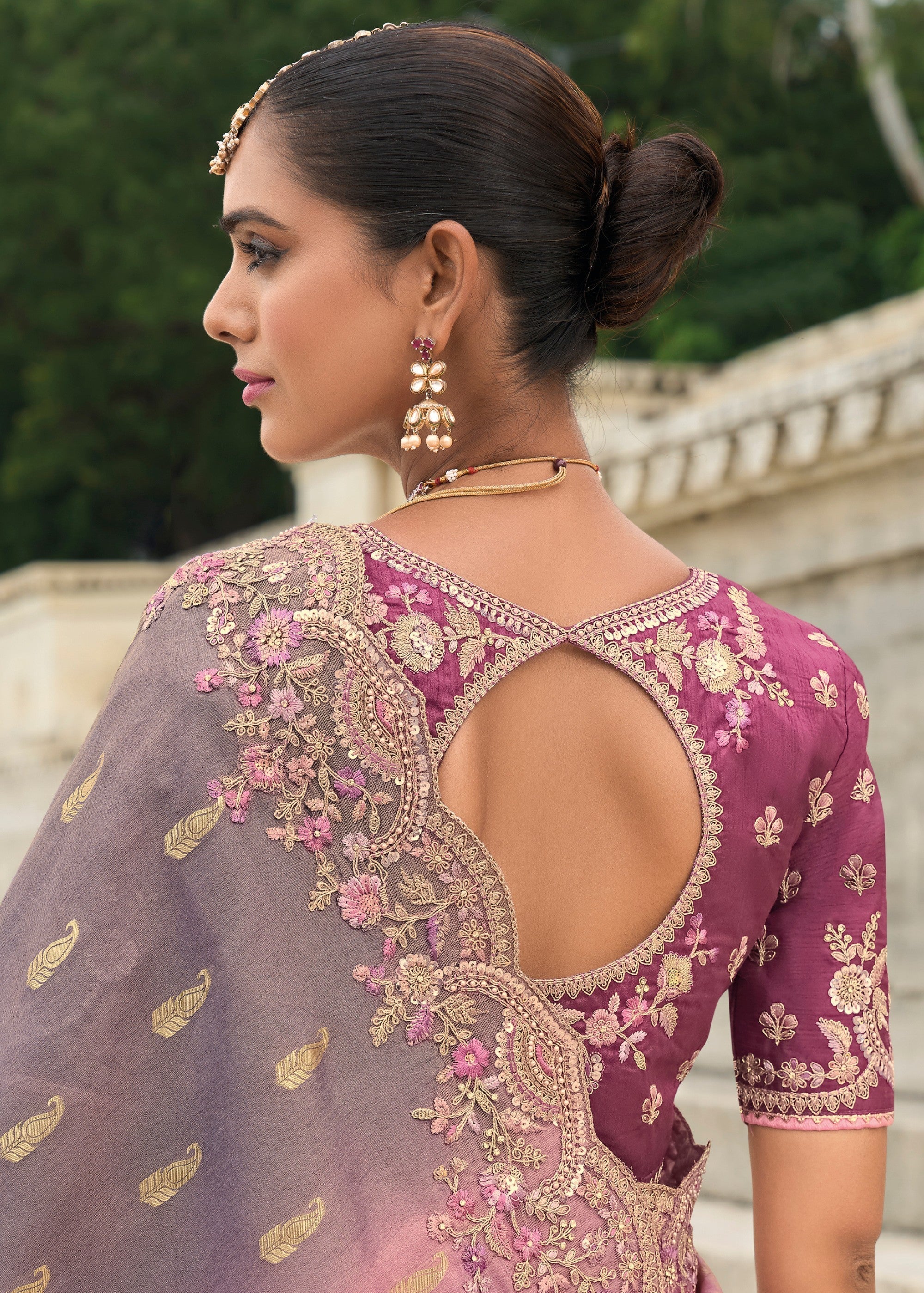 Mauve Purple And Pink Viscose Tissue Silk Saree With Embroidery Cut Work Border And Sequence Work - qivii