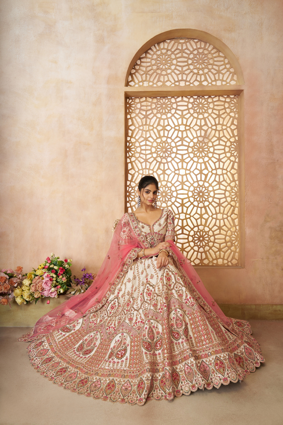 Whimsical White Imperial Patterned Bridal Lehenga - qivii