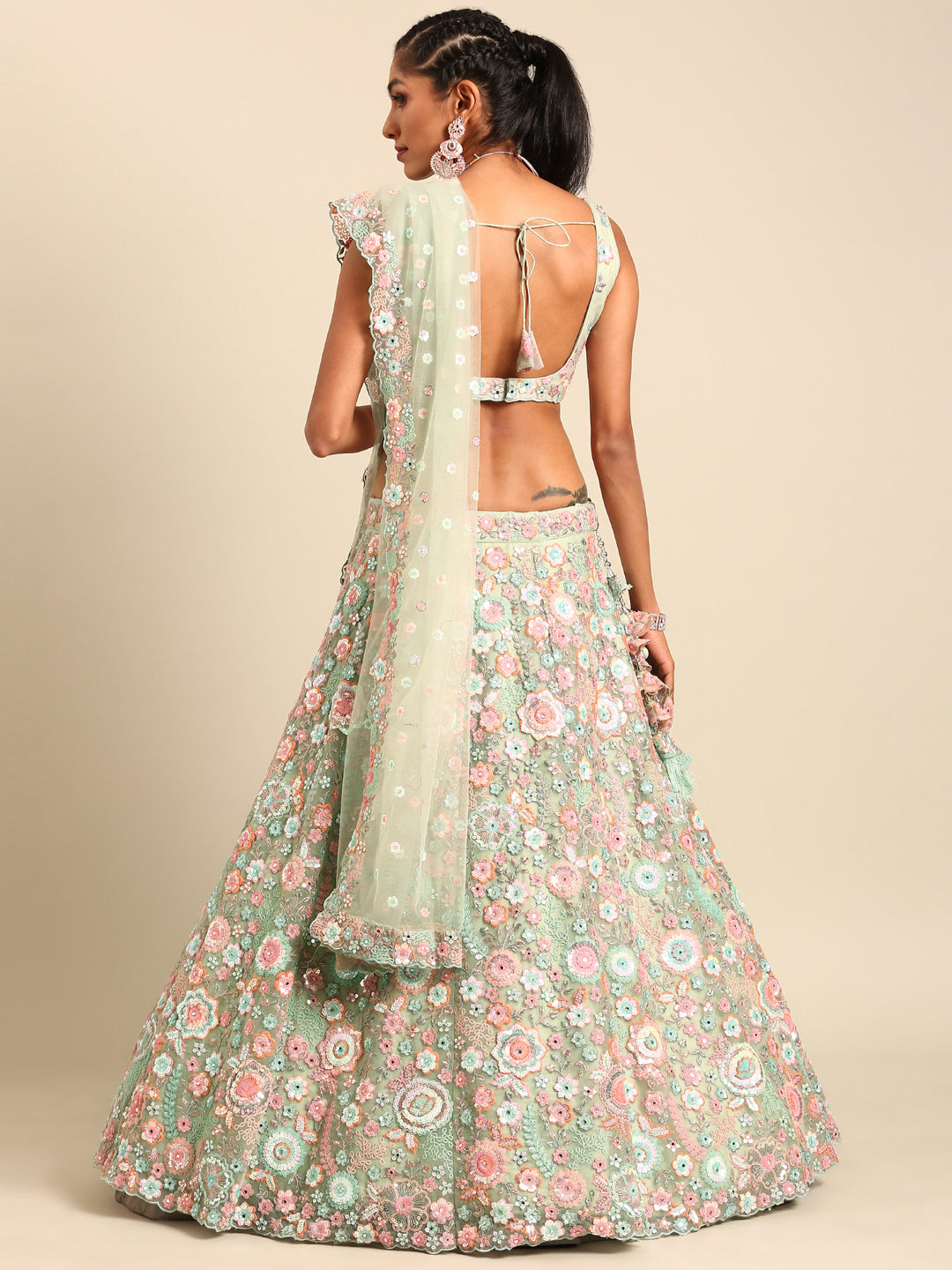 Rounded Embroiderey Multi-Sequins, Mirror and thread Embroidered Net Stitched Lehenga