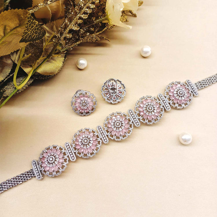 Neeya Baby Pink Diamond Silver Plated Necklace Set