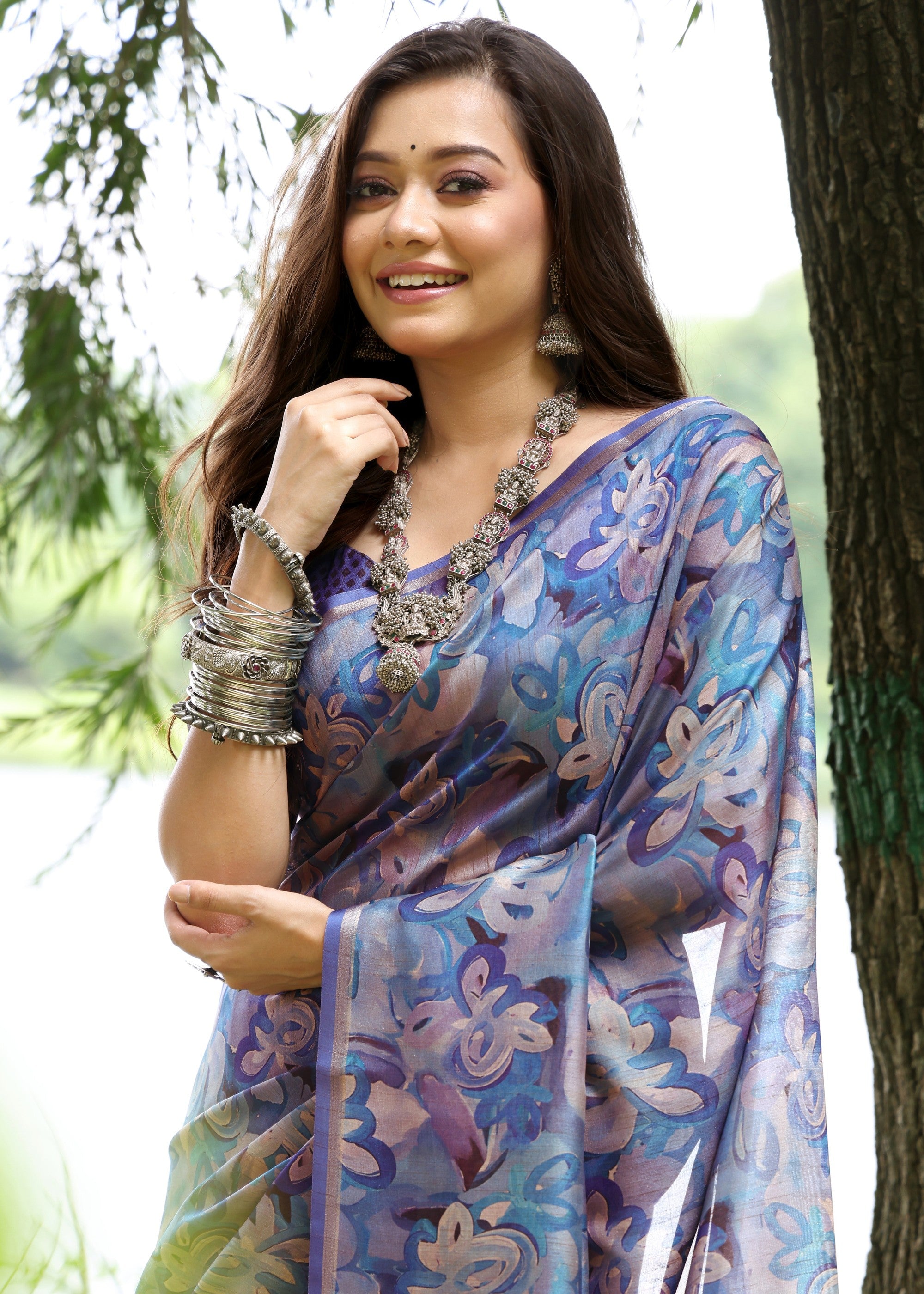 Blue Flower Printed Design Cotton Silk Saree With Printed Pallu - qivii