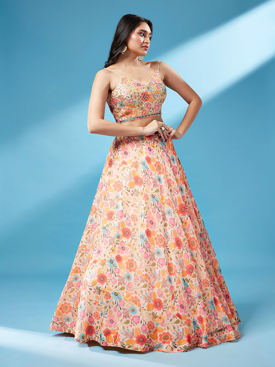 Orange Organza Floral Printed Stitched Lehenga choli