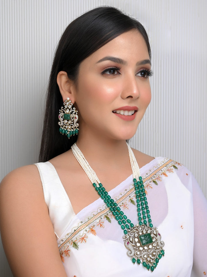 Darika Green Kundan Polki Long Necklace Set