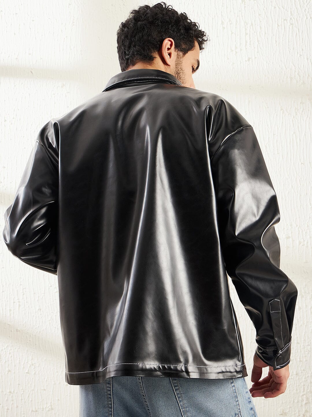 Black Contrast Stitch Pu OverShirt - qivii