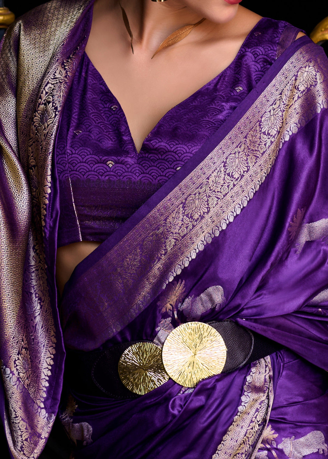 Indigo Purple Satin Mungha Silk Saree