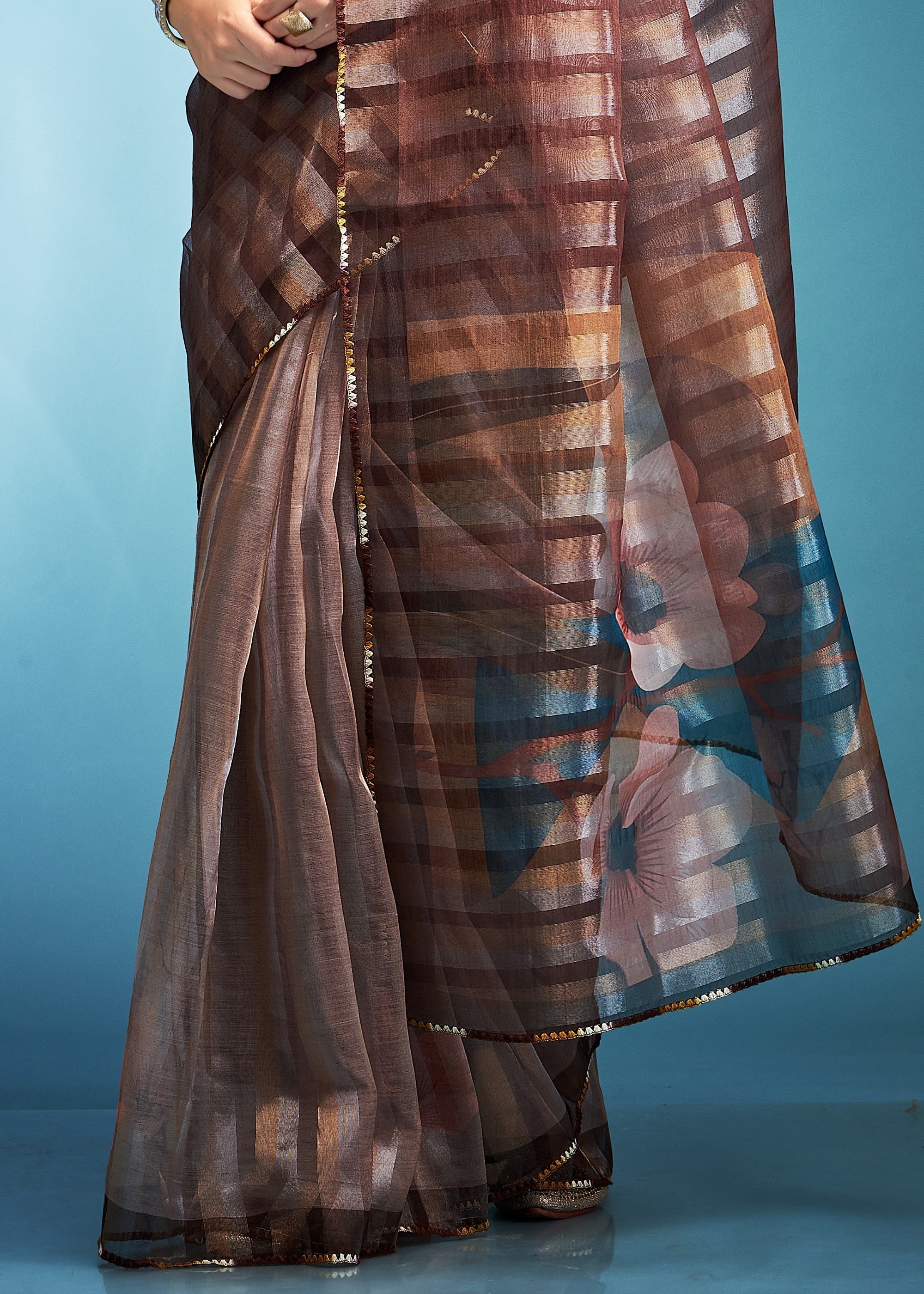 Bronze Brown Tissue Silk Saree With Floral Print - qivii