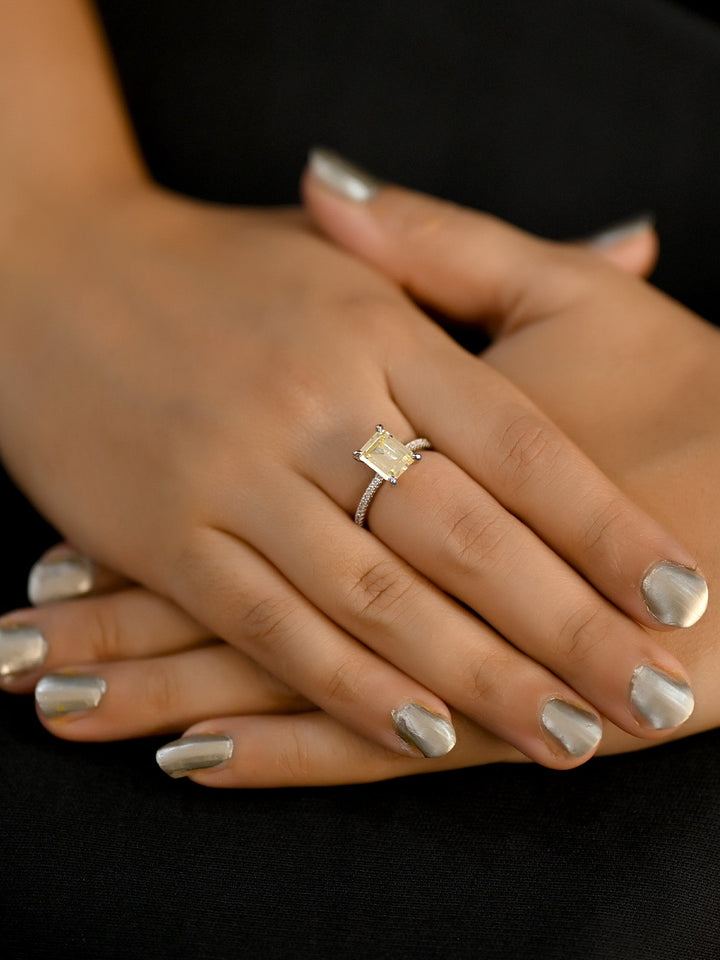 Kaneri Yellow American Diamond Finger Ring with stunning yellow stone and sparkling diamond accents