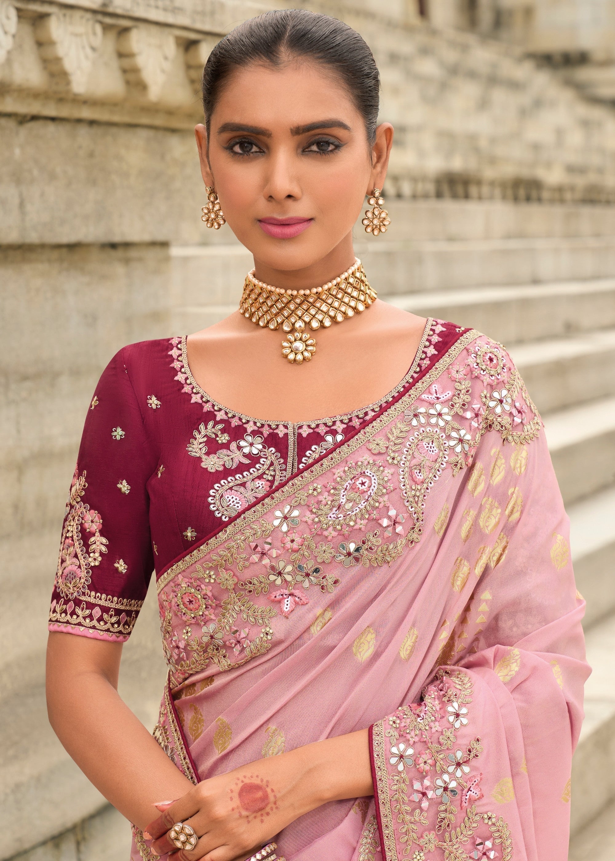 Light Pink Viscose Tissue Silk Saree With Embroidery Cut Work Border And Sequence Work - qivii