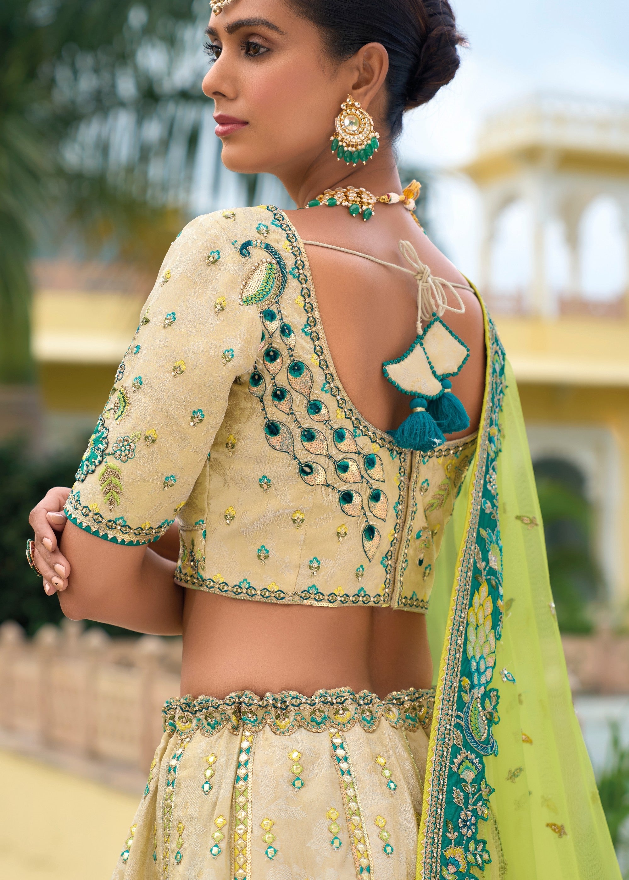 Green And White Banarasi Silk Lehenga With Heavy Embroidery Work | Ready To Wear - qivii