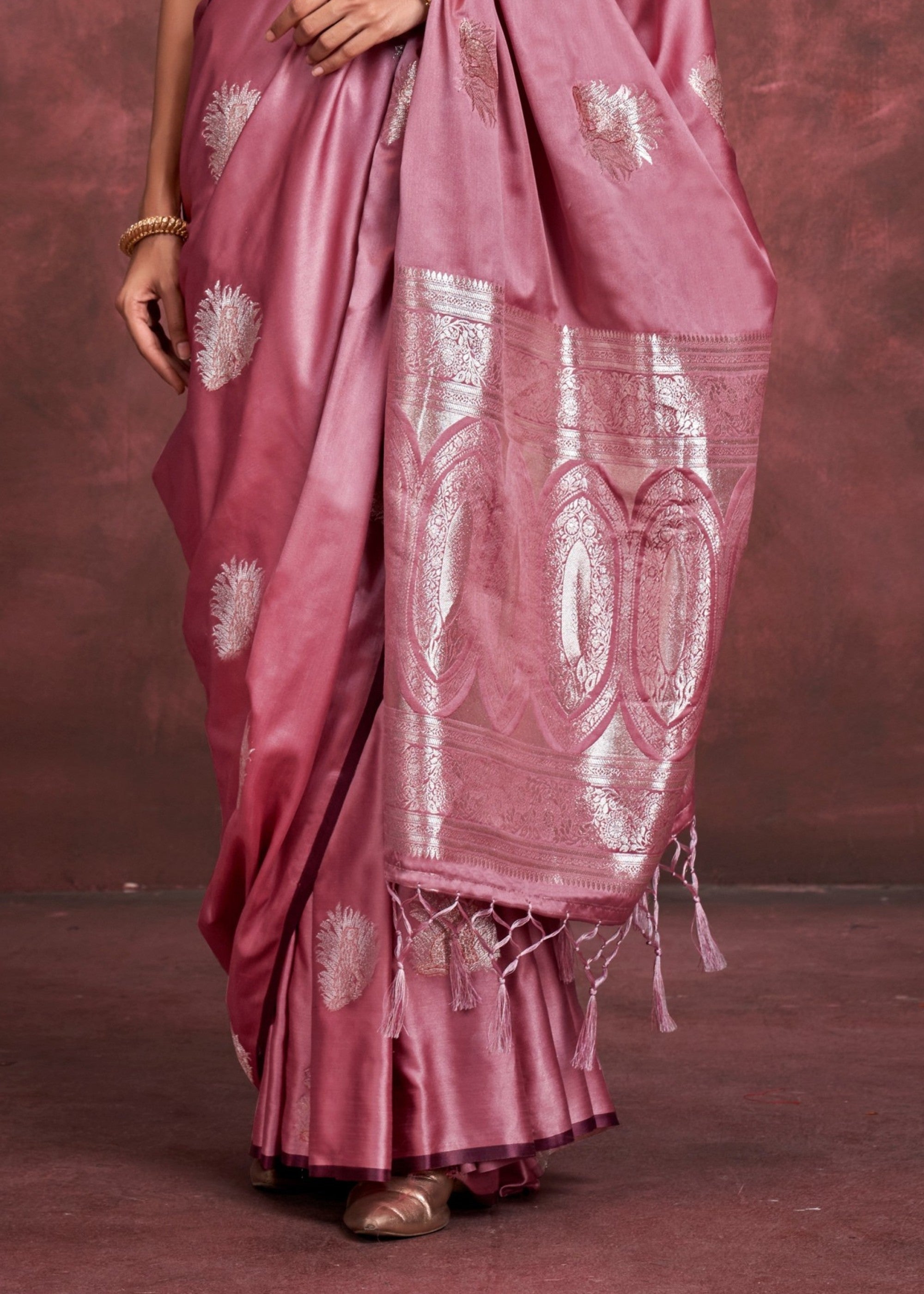 Wild Orchid Handloom Weaving Satin Saree with Banarasi Zari - qivii