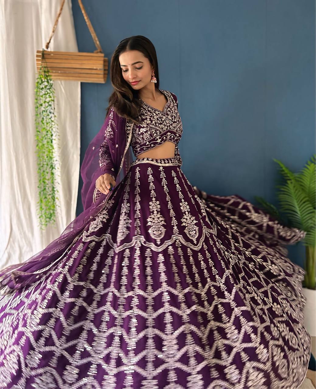 PURPLE FAUX GEORGEET WITH EMBROIDERY SEQUENCE DESIGN WORK LEHENGA - INSPIRED | Ready To Wear - qivii