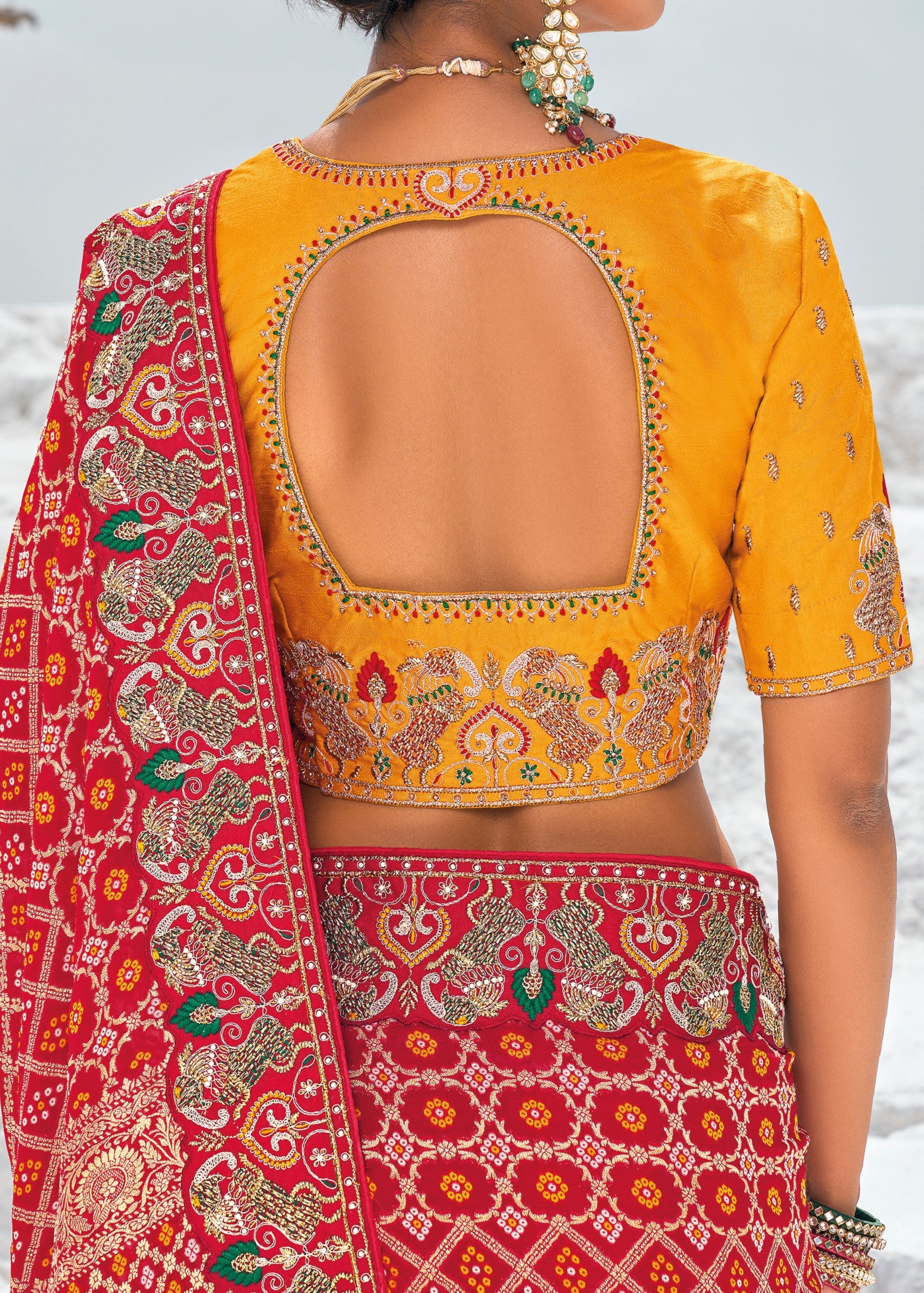 Crimson Red Pure Georgette Bandhani Patola With Zari Weaving Heavy Work Saree - qivii