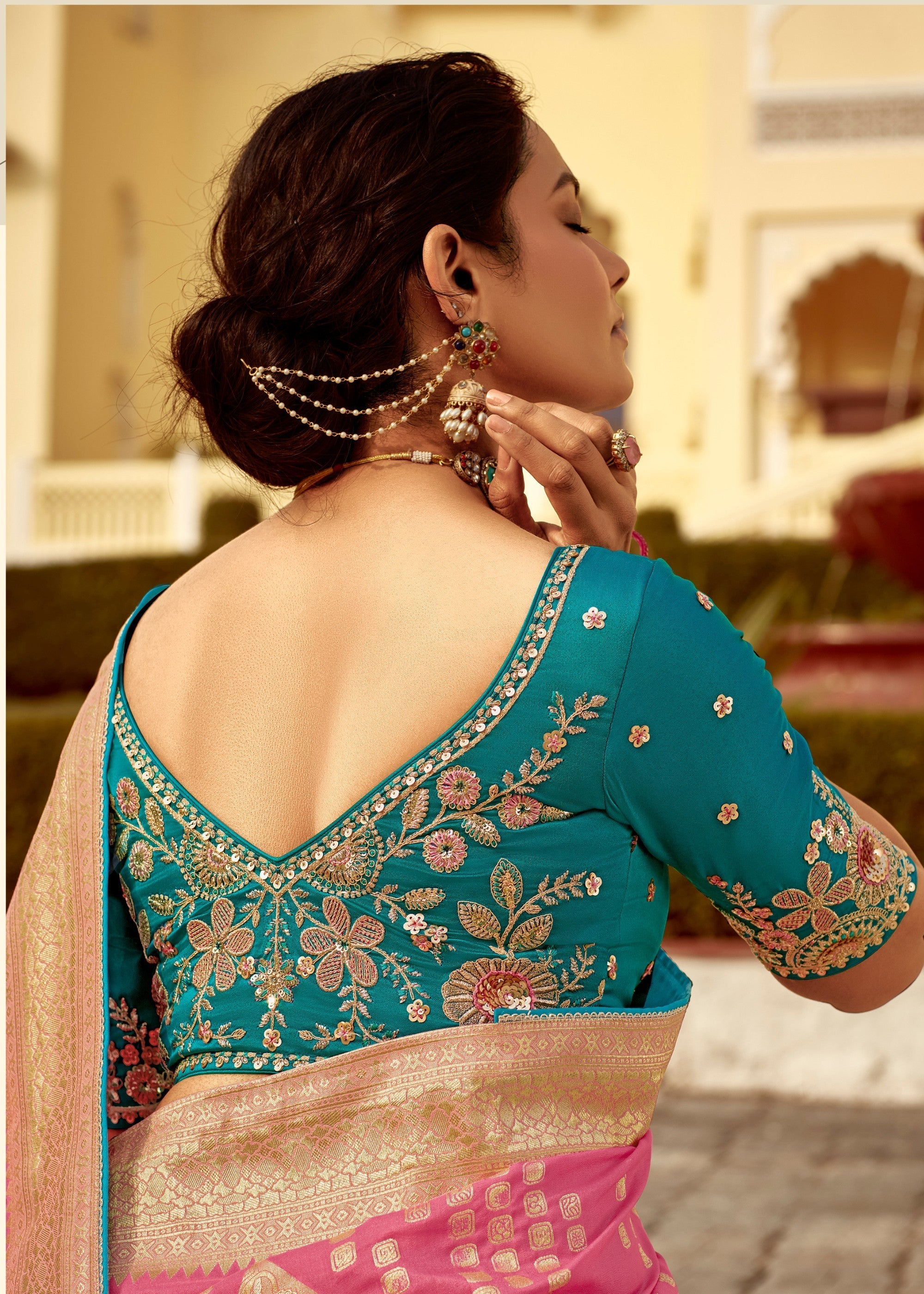 Rose Pink Dola Silk Saree Embellished With Weaving Work And Heavy Embroidered Blouse - qivii