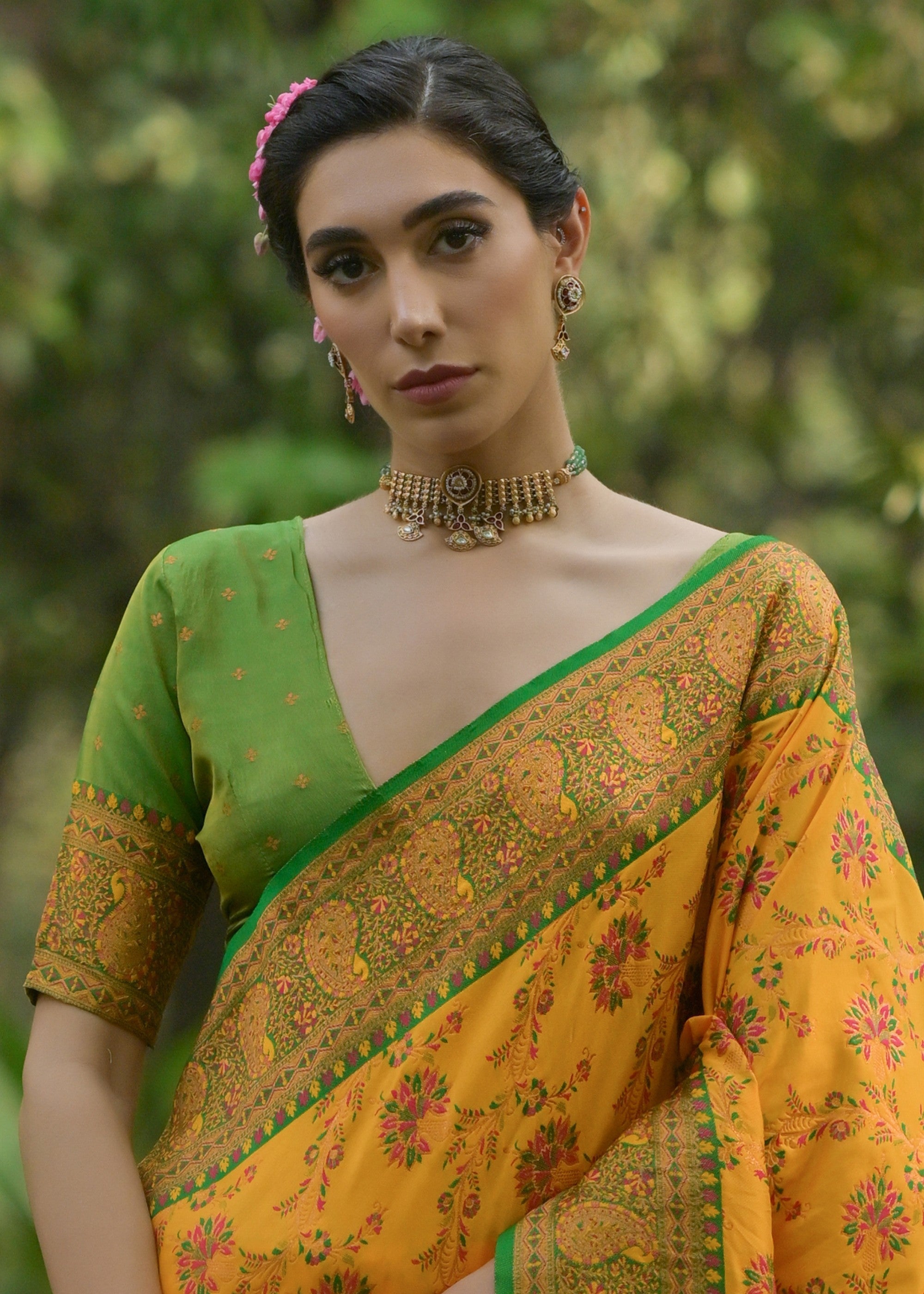 Sunflower Yellow Thread Woven Pashmina Silk Saree With Heavy Thread Woven Pallu - qivii