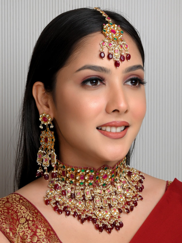 Saksham Maroon & Green Kundan Choker Set