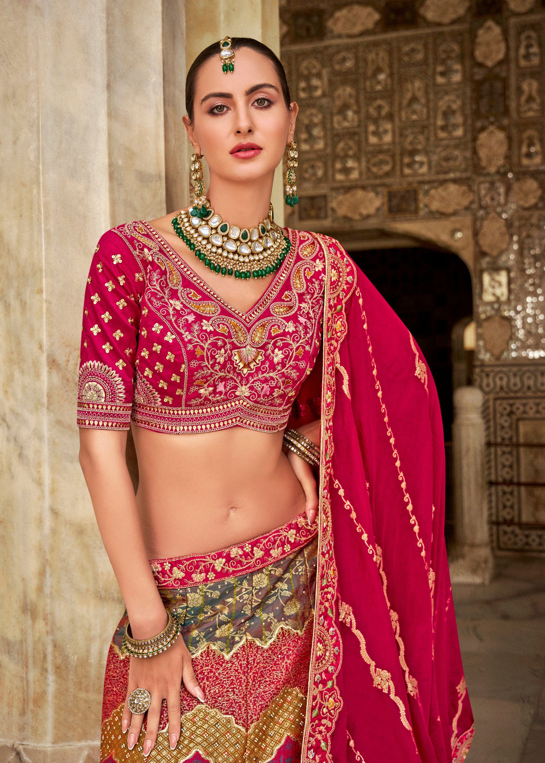 Raspberry Pink Banarasi Silk Lehenga Choli with Zarkan, Sequence and Thread Work