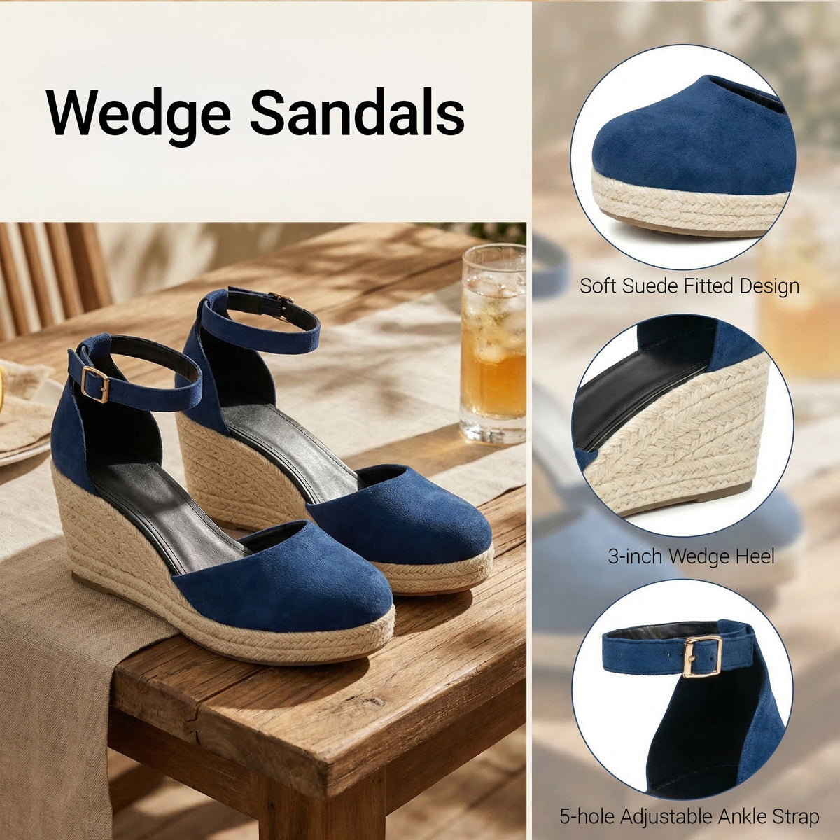 Women's Elodie Closed-Toe Espadrille Wedge Sandals - Velvet Platform Sandals with Adjustable Velcro Ankle Strap (US 4-10.5)