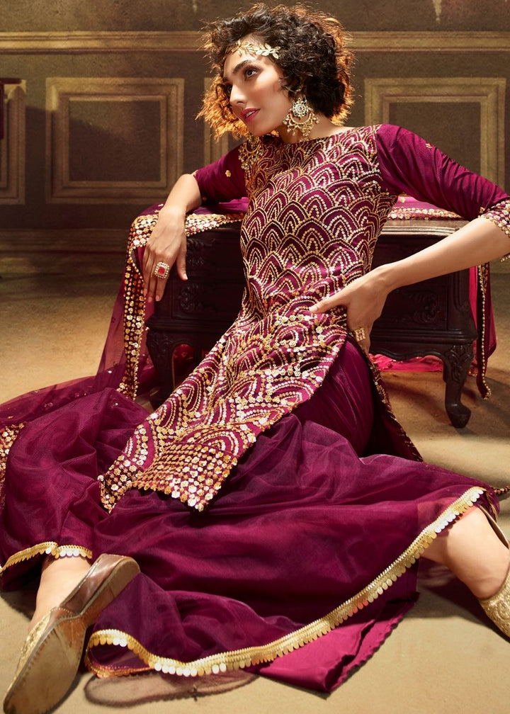 Wine Designer Soft Net Sharara Suit with overall Sequins work