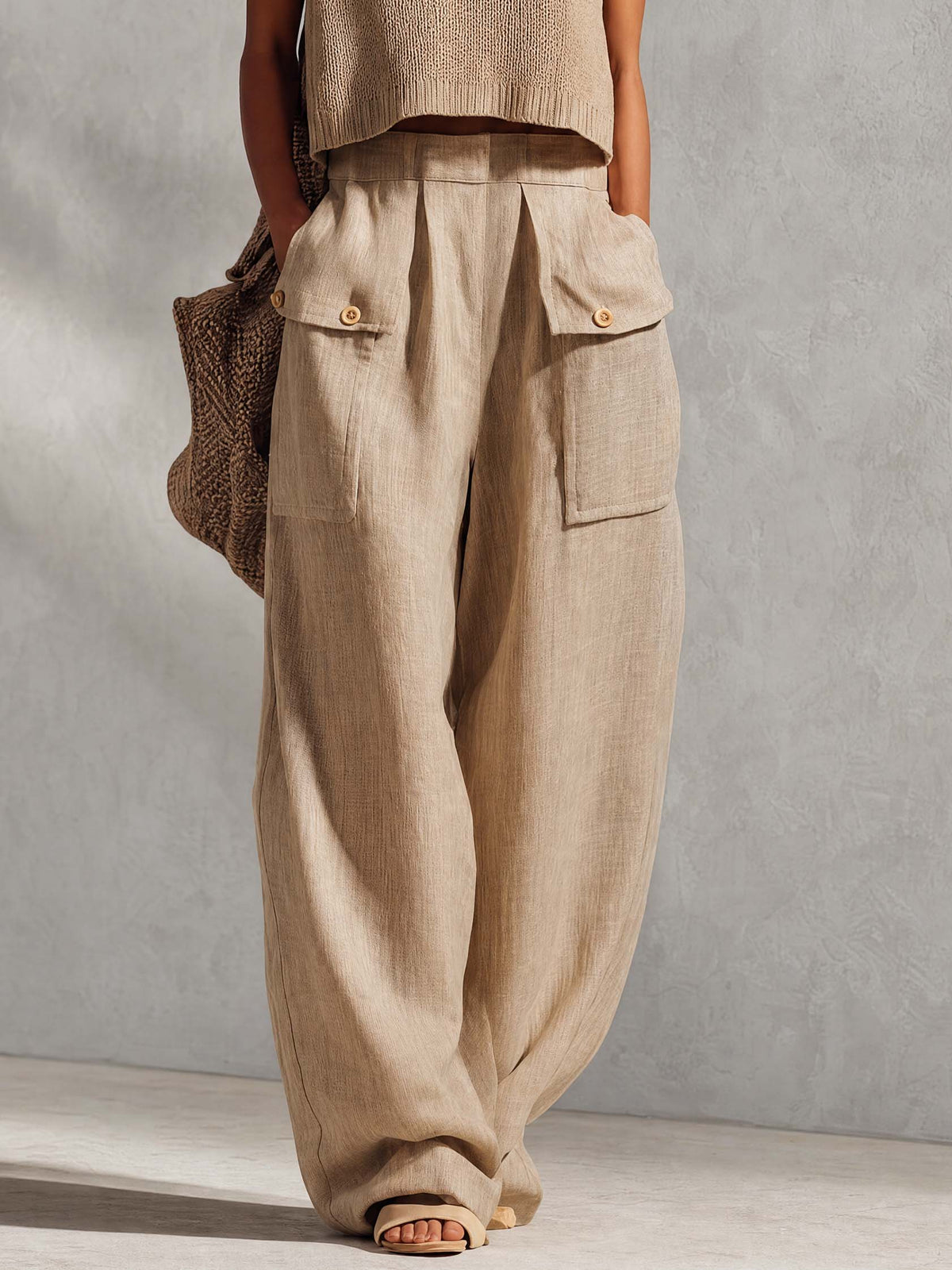 Casual Breathable Urban Style Beige Knitted Top And Cotton Pants Set  - By Qivii