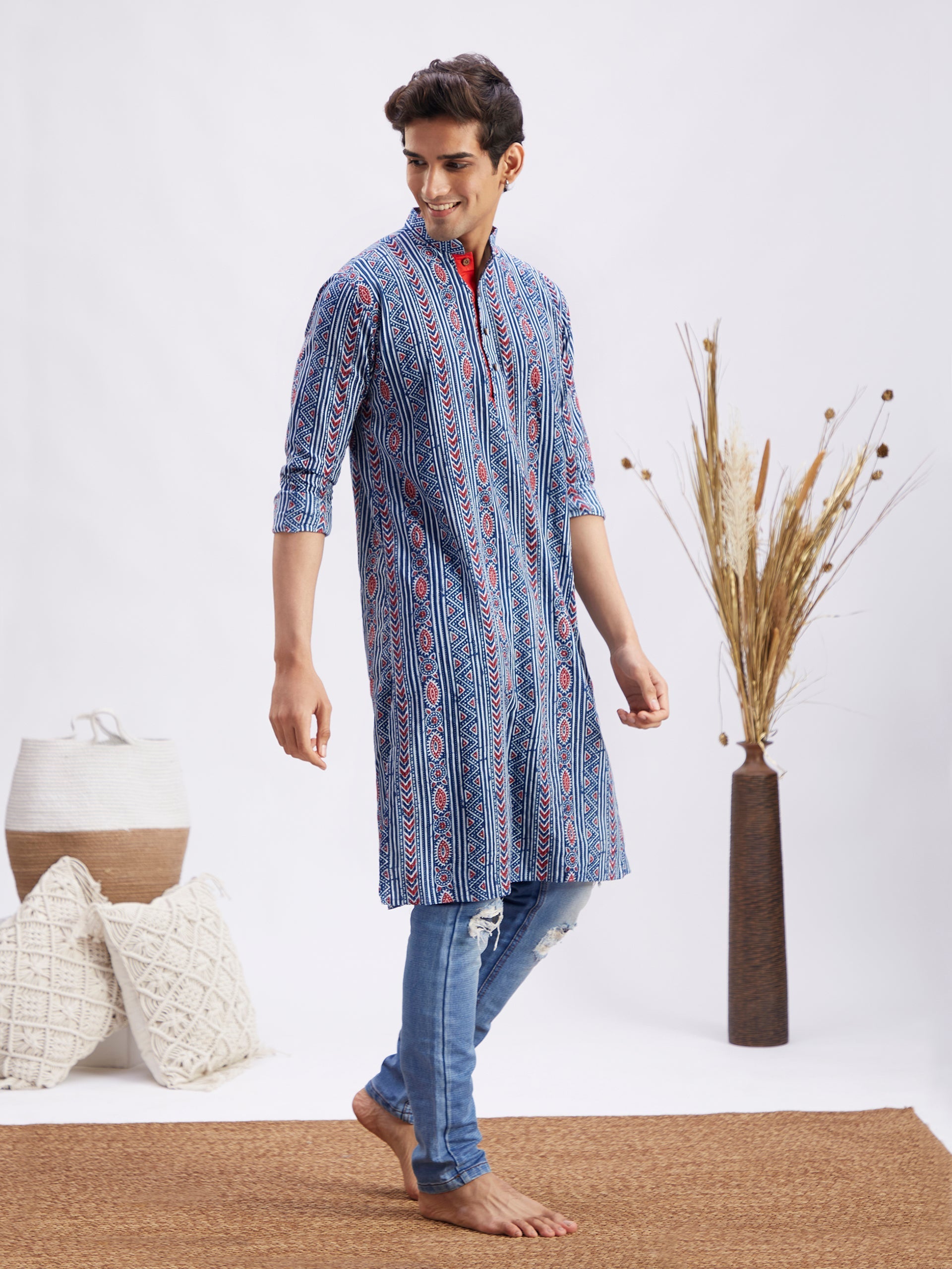 Men's Indigo Printed Cotton Kurta